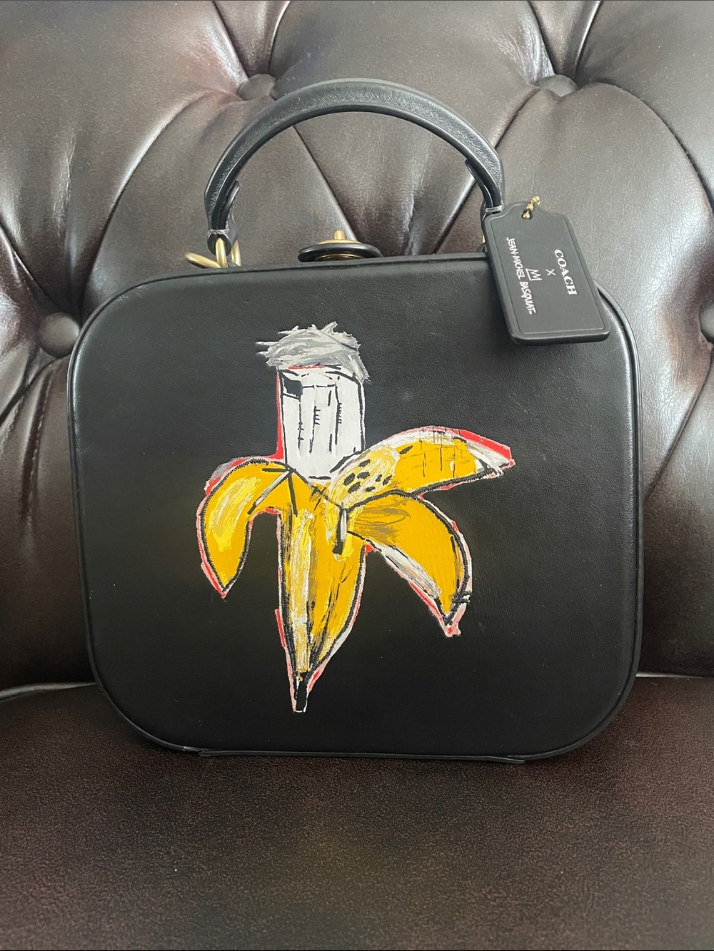 Coach Black Leather Top-Handle Bag with Yellow Painted Banana Motif